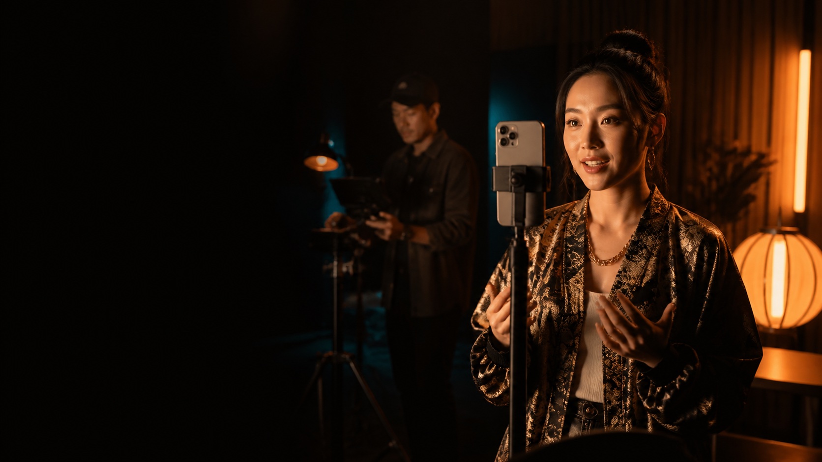 Creator speaking to camera in a production studio